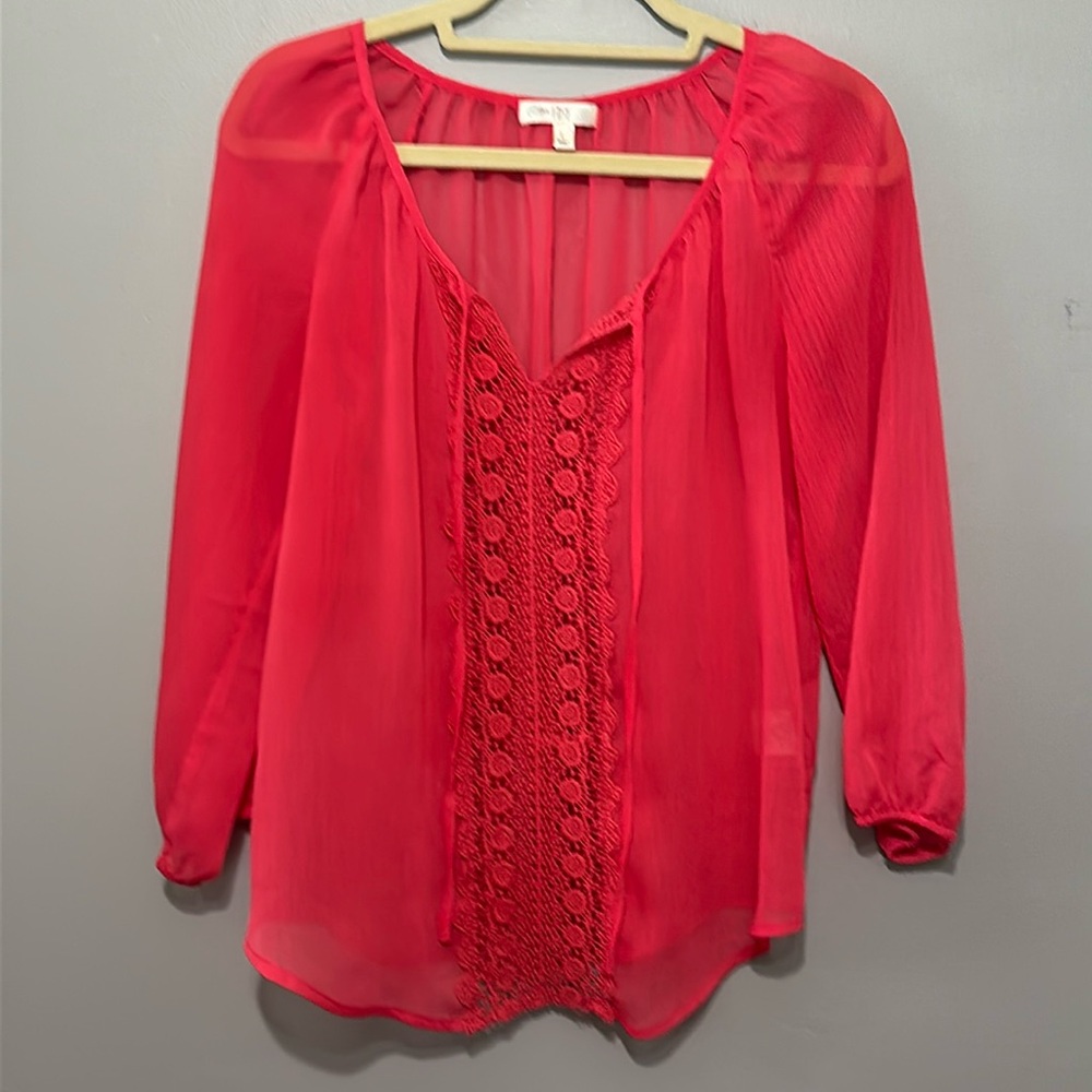 Love FIRE Sheer Blouse, Red, Very Pretty!! Excellent Condition!!